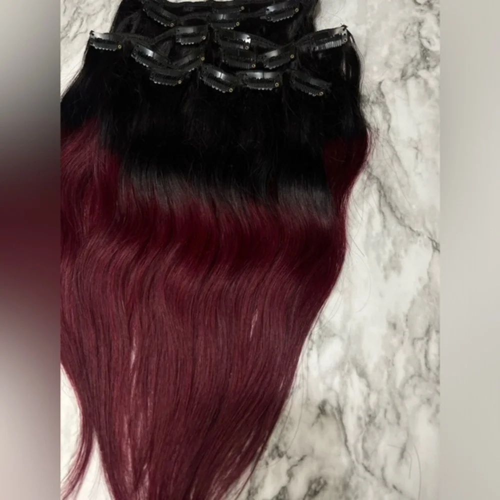 18 Inch  Clip In 100% Human hair Balayage Black with Red Burgundy Straig…